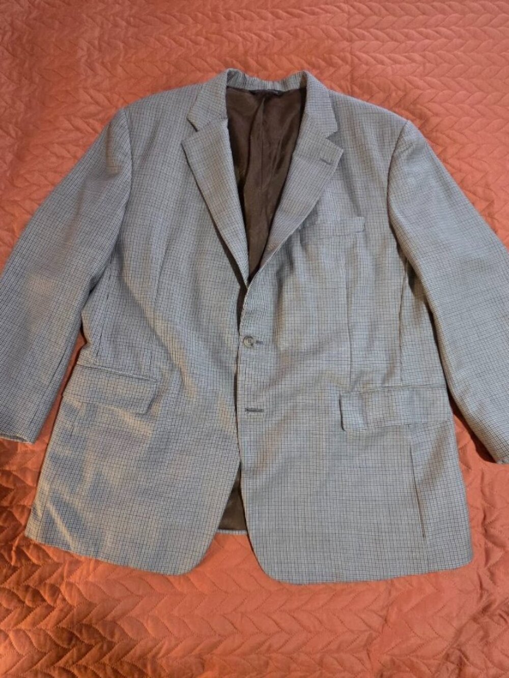 Samuelsohn 48R Sport Coat Wool Super 100s Tan Blue Houndstooth Check Canali